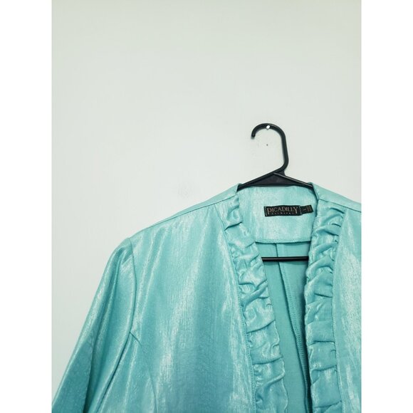 Picadilly Womens L Jacket Open Front Ruffle Blue Sea Aqua Shiny $104 Formal NWT - Picture 4 of 7